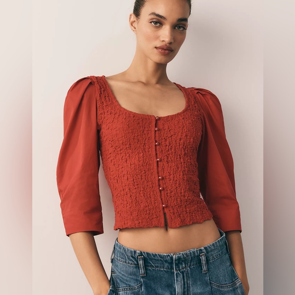 By Anthropologie Smocked Cardigan Top button blouse red M - Picture 7 of 8